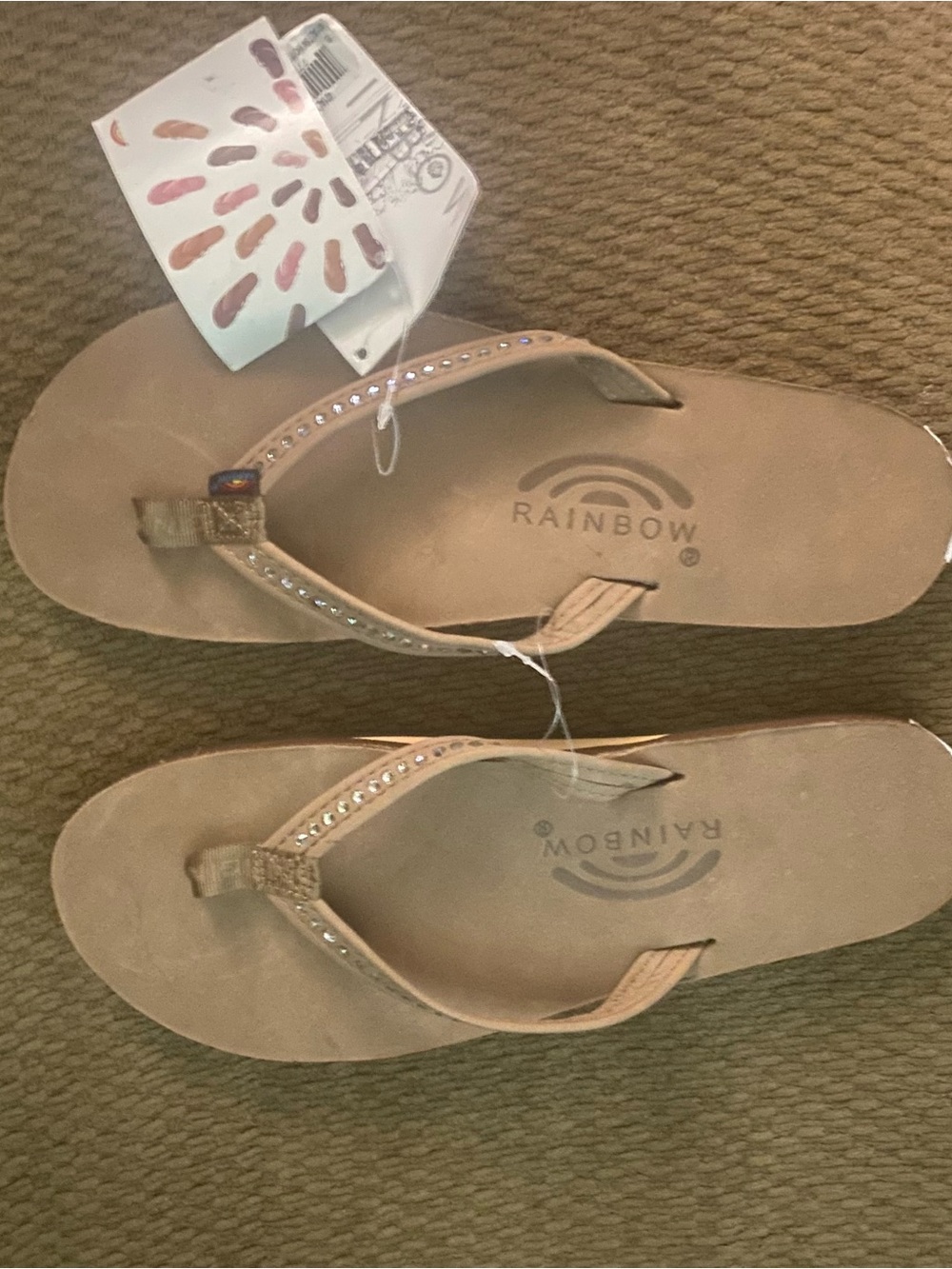 New Rainbow Womens Tan Rhinestone Flip Flop Sandals